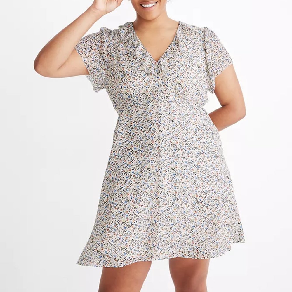 NWT Madewell Silk Ruffle-Neck Mini Dress
